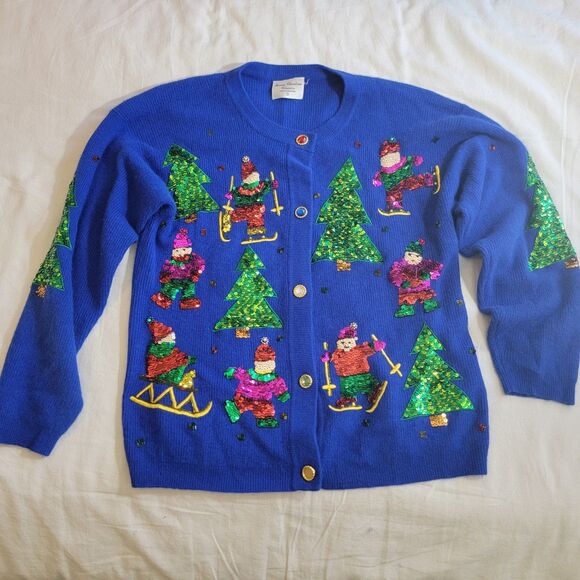VTG Marisa Christina Classics Lambswool Angora Christmas Sequin Cardigan Blue S - Picture 1 of 16